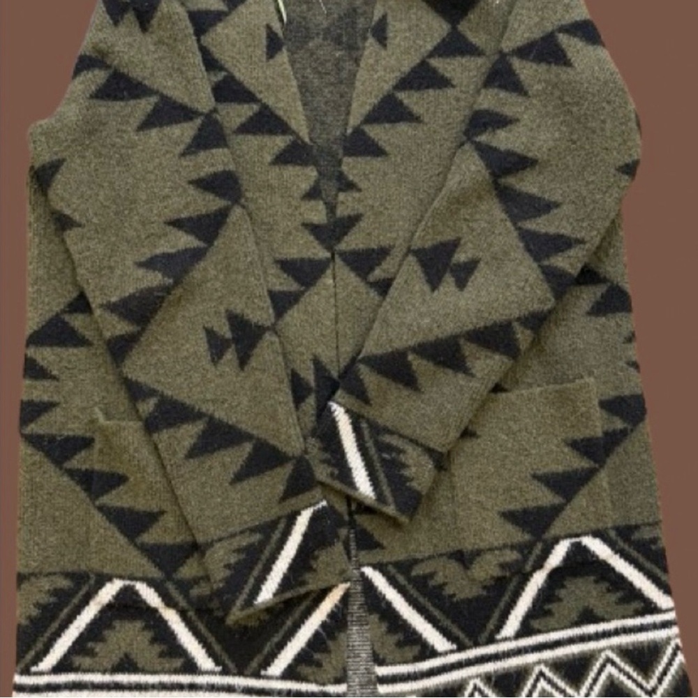 Frye Cozy Cardigan Olive Green Knit Boho Western Aztec Duster Long Sweater S - Picture 7 of 16